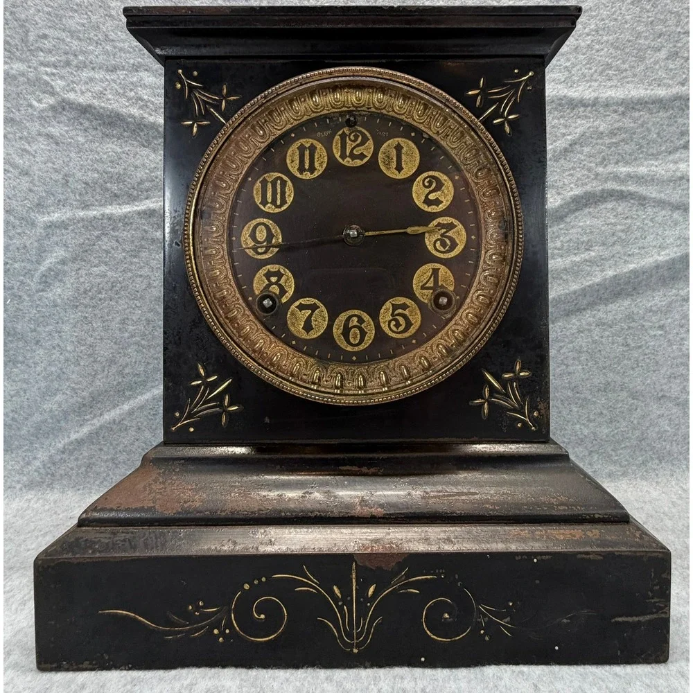Antique Ansonia Mantel Clock Black Gold Floral 1882 Patent Victorian Decor